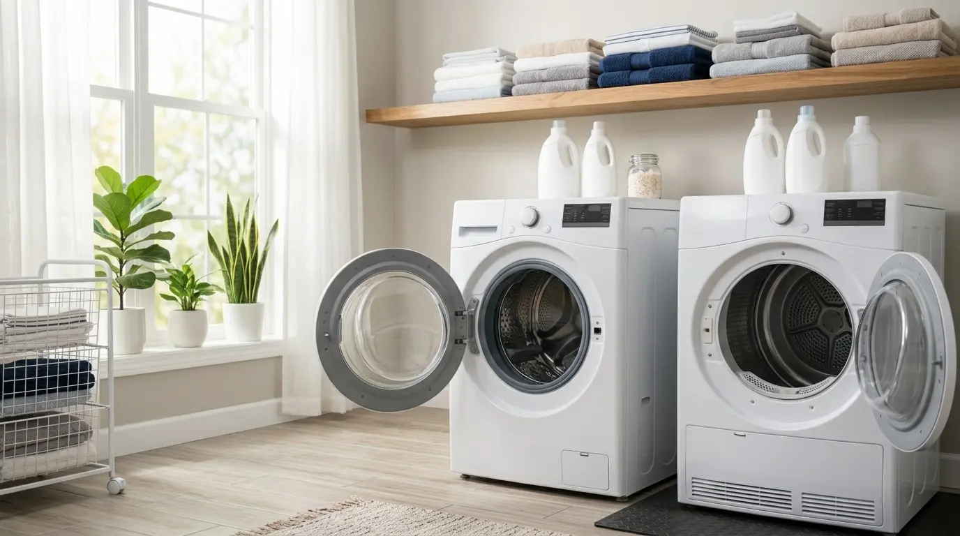 Clean white front-load washer with the door ajar in a bright laundry room, ready for regular Frigidaire washer maintenance