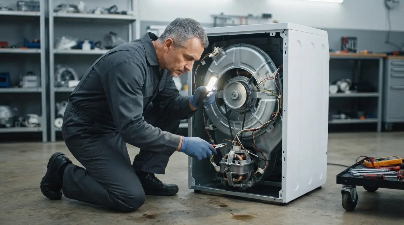 Technician checking the motor area of a washer to diagnose a Frigidaire washer motor error