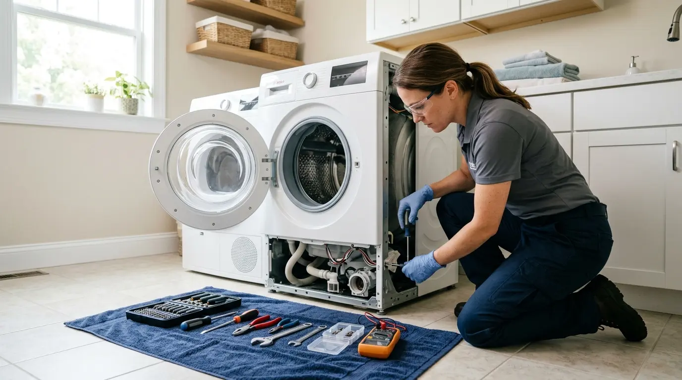 Technician beginning a Frigidaire washer repair guide job with the lower panel removed and tools laid out