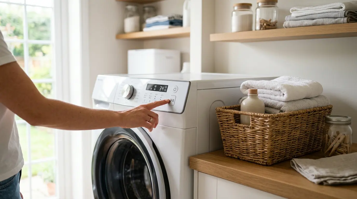Hand adjusting the control panel on a white front-load washer to choose Frigidaire washer settings