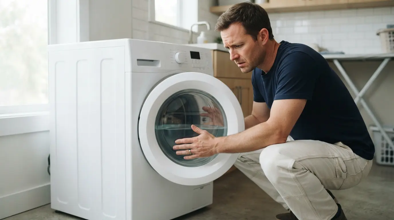 Front-load washer with the drum filling too high, a common sign of a Frigidaire washer water level sensor error