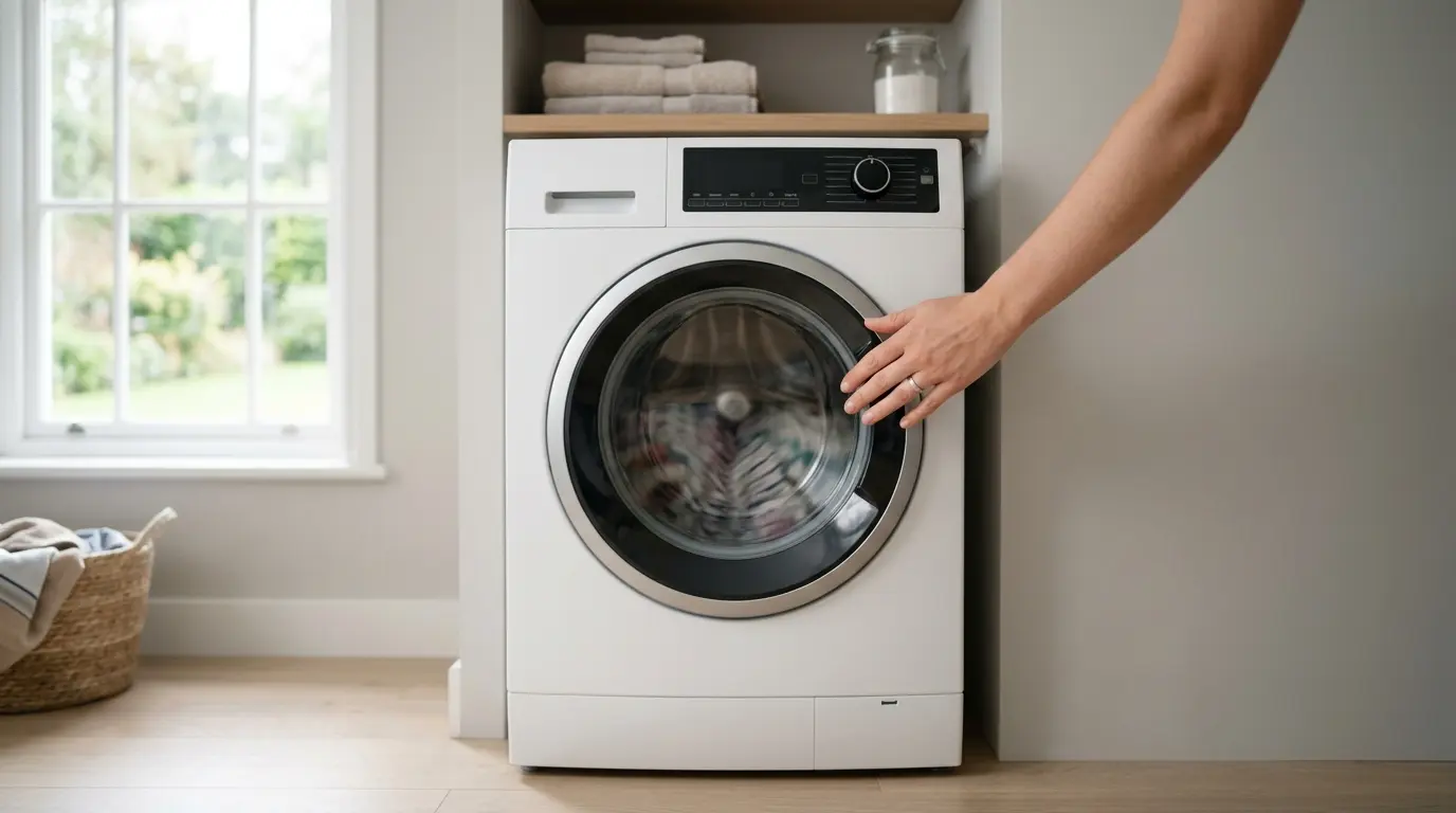 Front-load washer with a closed door and a dark control panel, showing a Frigidaire washer that won’t start