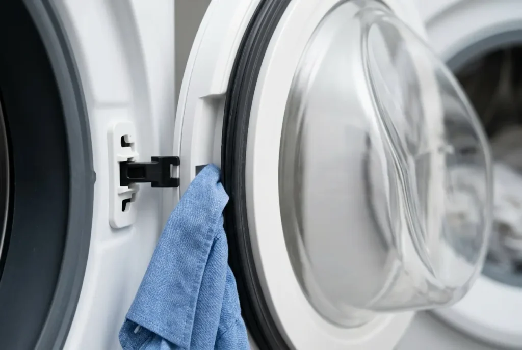 Washer door slightly ajar with a sleeve caught in the rubber seal near the latch