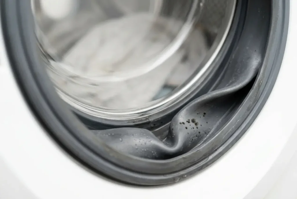 Close-up of a front-load washer rubber door seal with small dark mildew spots