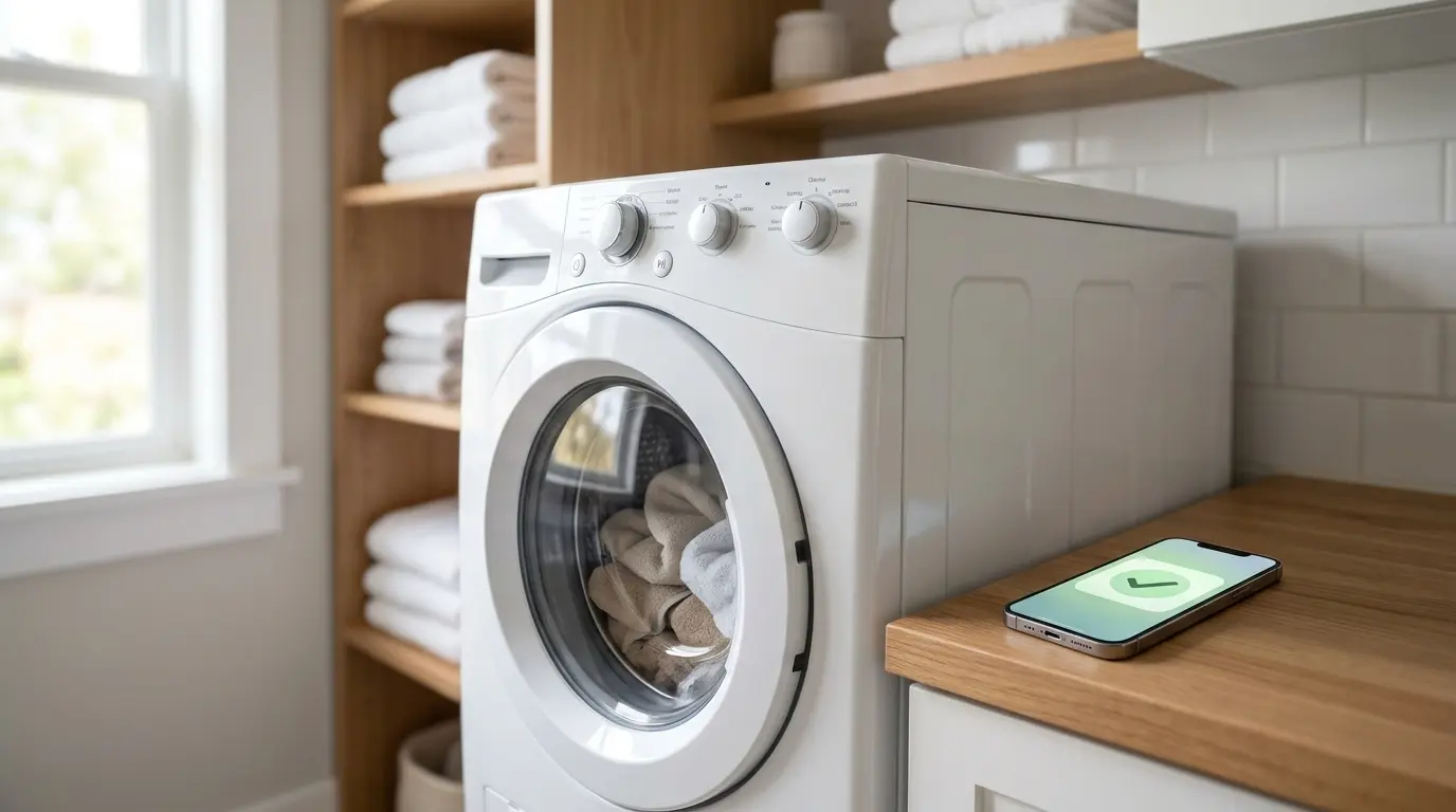 Smartphone showing a finished-cycle alert beside a smart washing machine