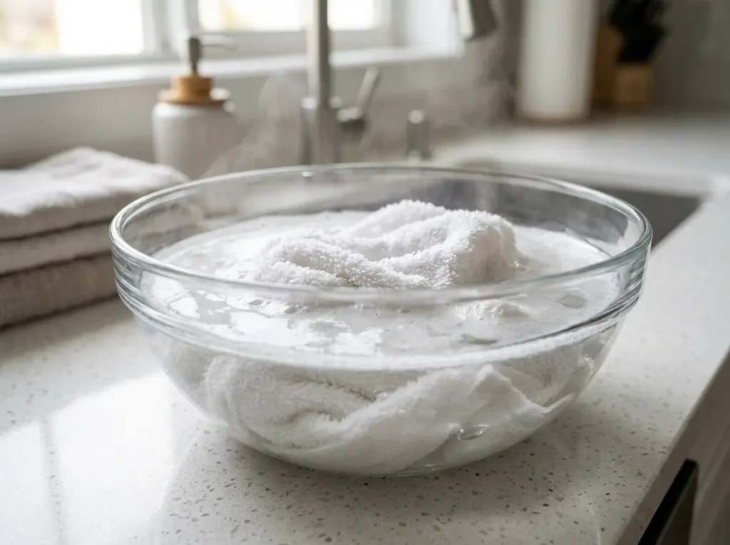 Washcloth in a bowl of water showing a soap film from detergent buildup