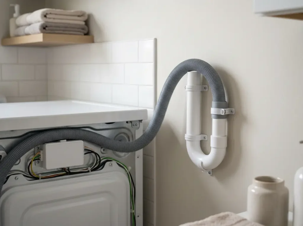Washer drain hose seated in a standpipe behind the machine