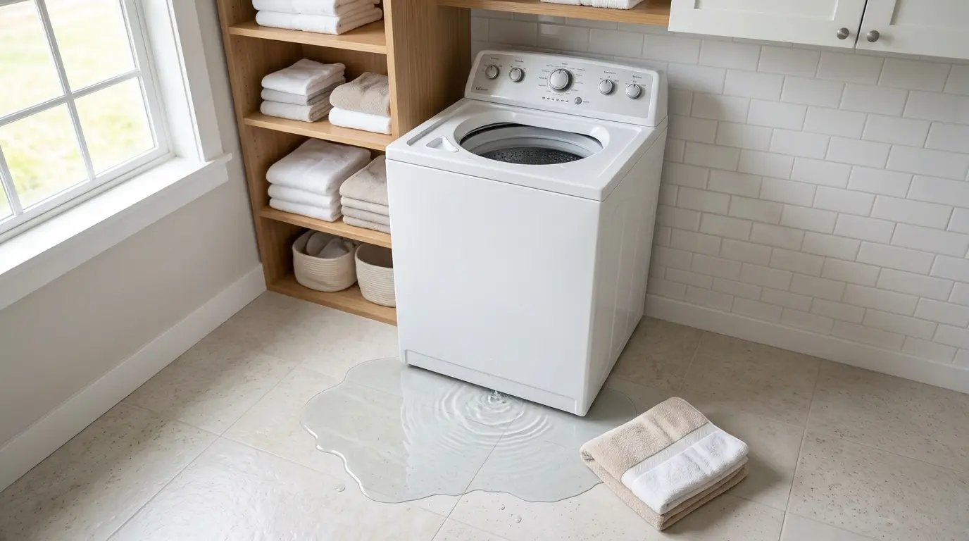 Water puddle on the floor in front of a top-load washing machine