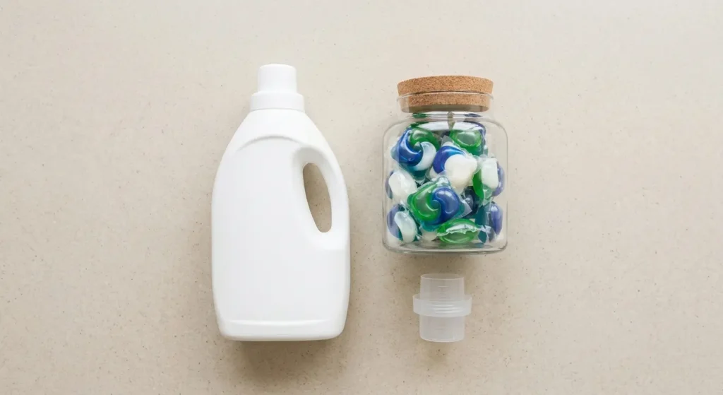 Liquid detergent, laundry pods and a measuring cap laid out on a counter. Detergent for Frigidaire washers