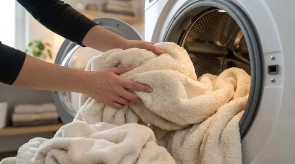 Hands pulling soft towels from an open front-load dryer drum
