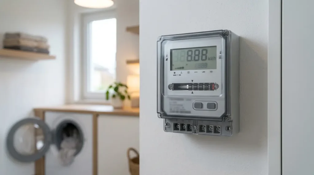 Wall-mounted household electricity meter in a utility corner