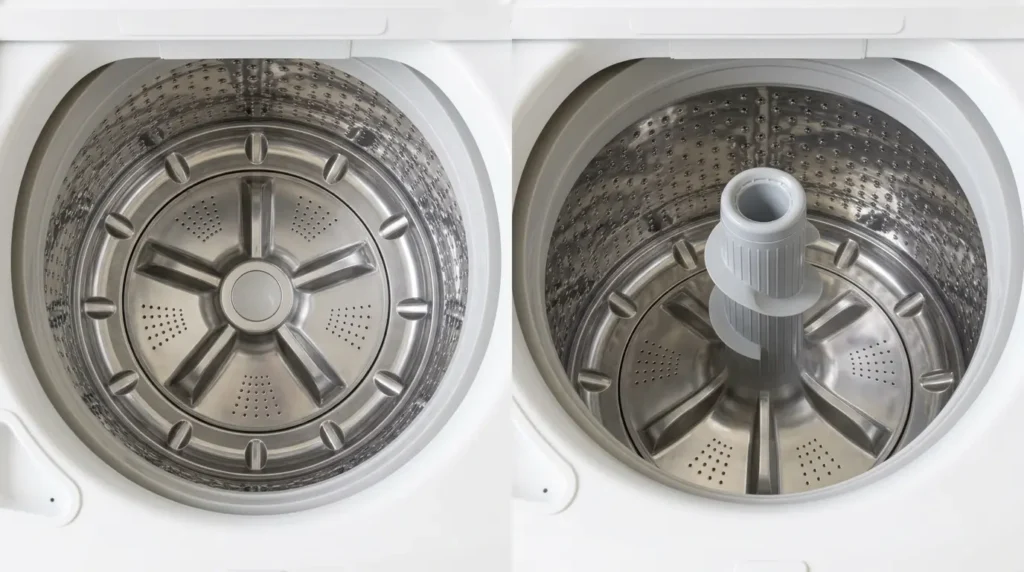 Whirlpool WTW7120HW vs WTW8127LC Side-by-side view of an impeller washer basket and an agitator washer basket showing the key wash action difference