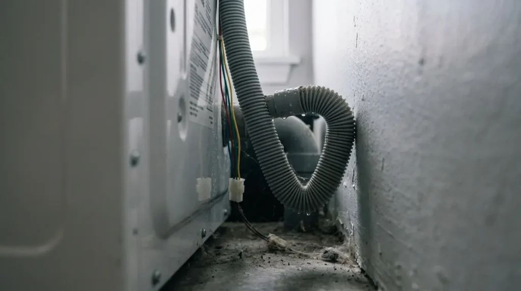 Kinked gray drain hose pinched behind a washing machine against the laundry room wall