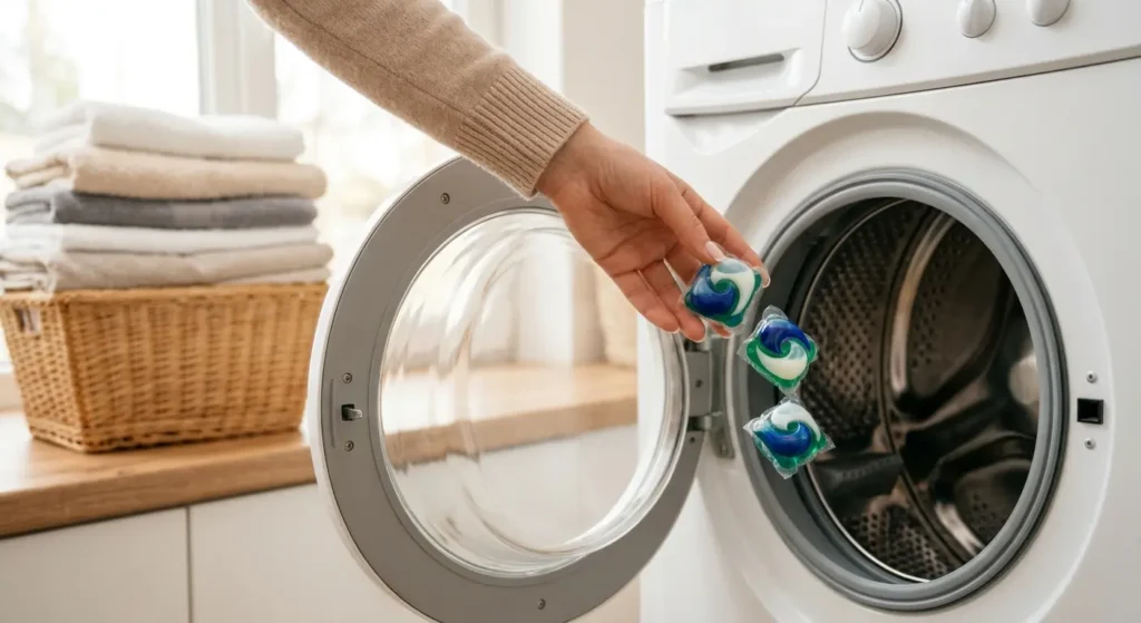 Hand placing laundry pods into the empty washer drum before the laundry.