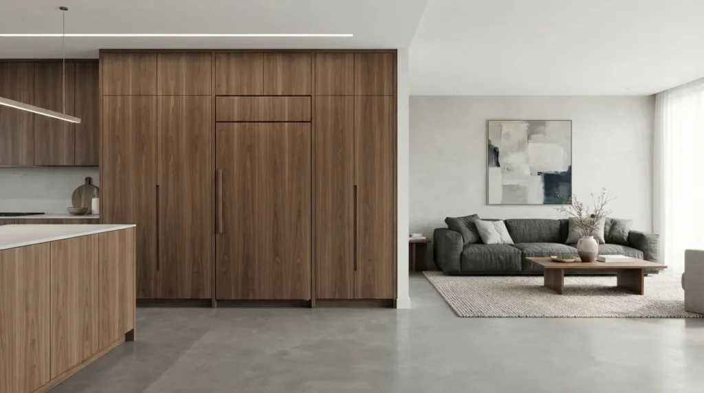 Built-in refrigerator in an open-plan smart home kitchen wall