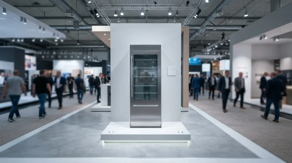 Premium refrigerator on a display pedestal at a European appliance trade show