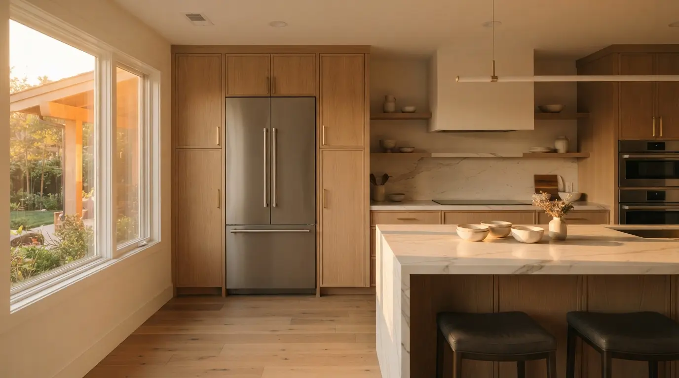 Modern luxury kitchen with a stainless steel French-door refrigerator, illustrating LG's New AI Refrigerator