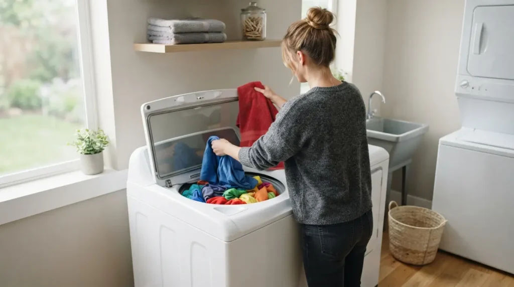 Person loading clothes into an open top-load washer in a home laundry room