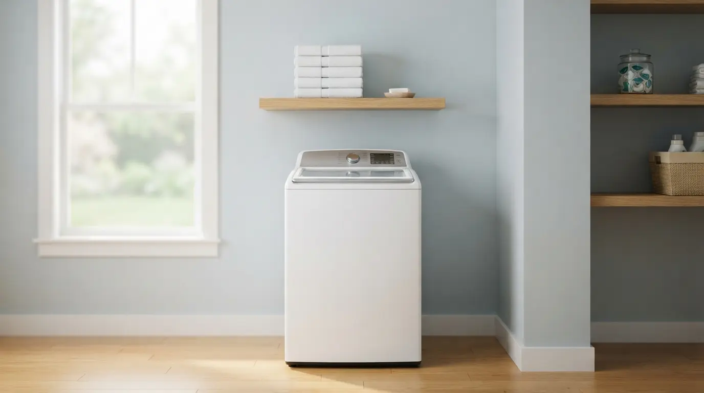 White top-load washer in a bright modern laundry room, illustrating the Maytag MTW8305T