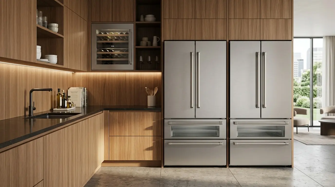 Two similar french door refrigerators side by side in a kitchen