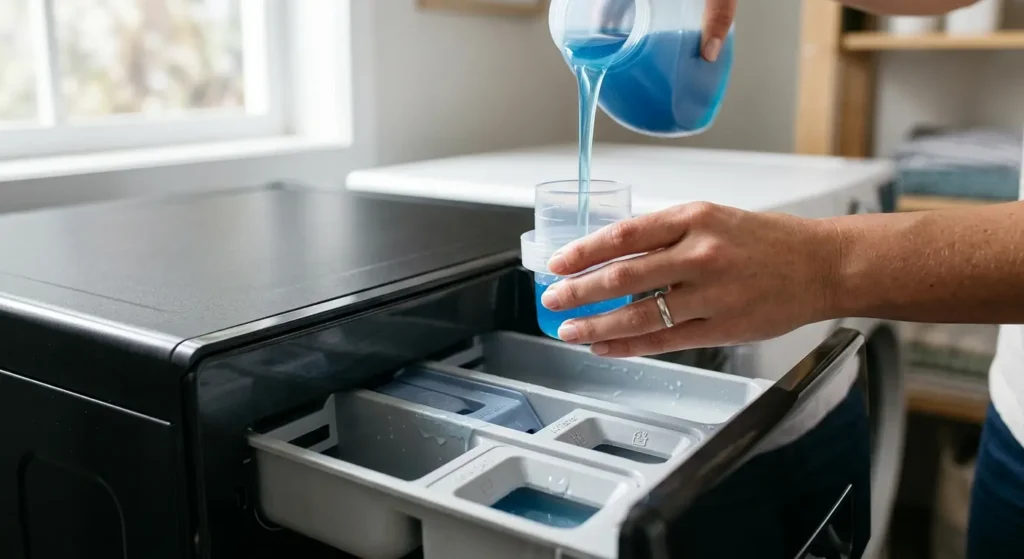 Measuring liquid HE detergent into the dispenser drawer of a front-load washer