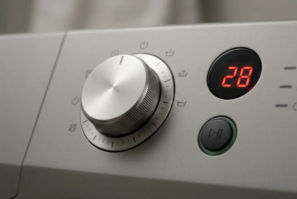 Close-up of a mechanical rotary dial washer control panel with a simple LED display