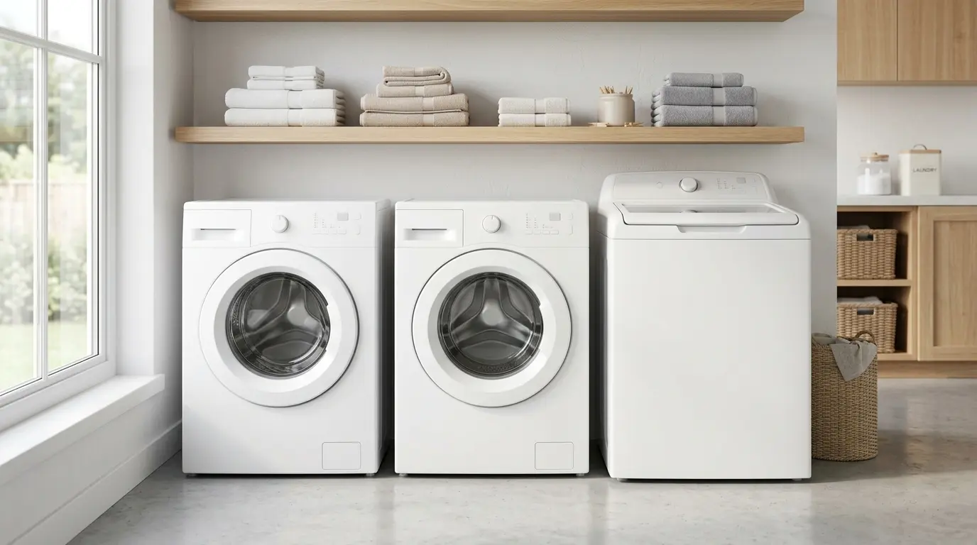 Front-load and top-load washing machines side by side in a laundry room for a most reliable washing machine brand ranking