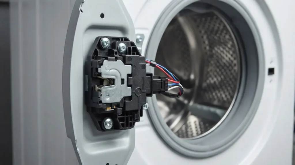 New door lock assembly mounted behind the front frame of a washer with its wiring connector plugged in