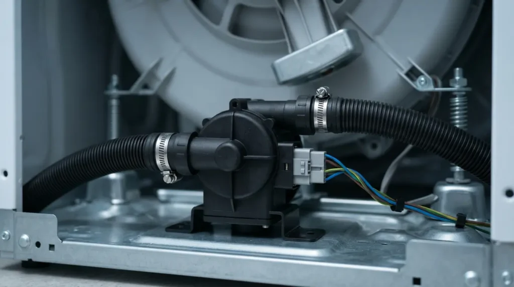 New drain pump with two hoses clamped and wiring connector attached inside a washer cabinet