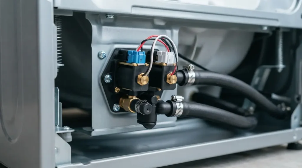 New dual-coil water inlet valve mounted inside a washer cabinet with wiring connectors reattached
