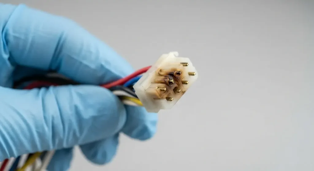 Gloved fingers holding a washer wiring connector with browned plastic around the pins