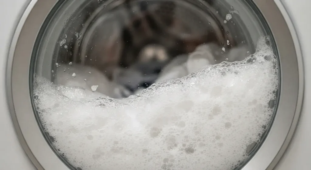 Thick detergent suds filling the glass door of a front-load washer