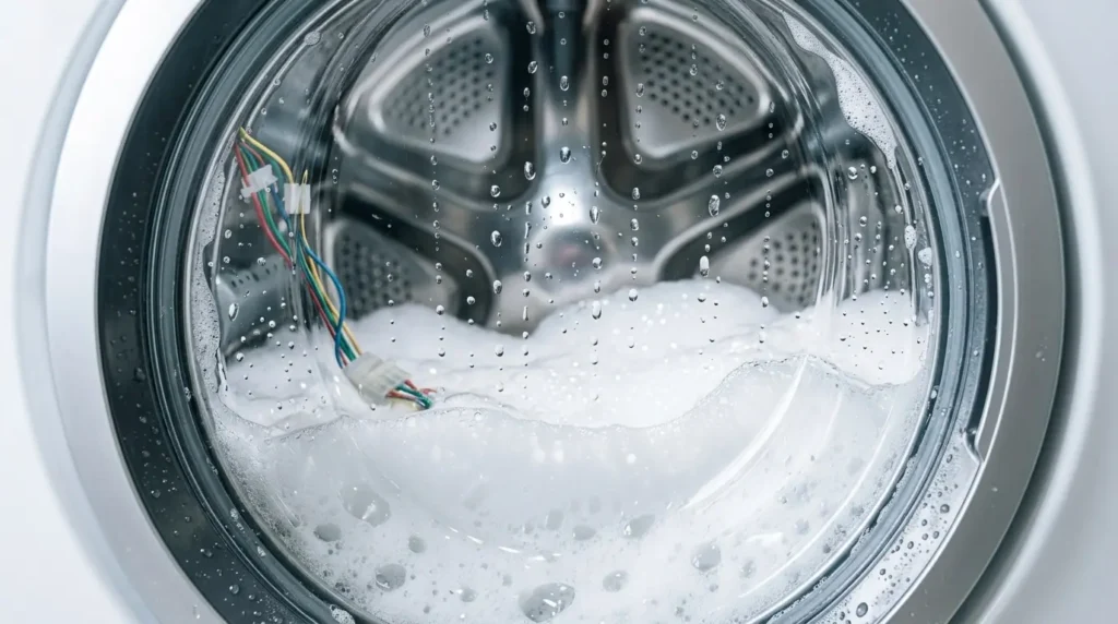 Front-load washer drum window filled with thick white foam from too much detergent