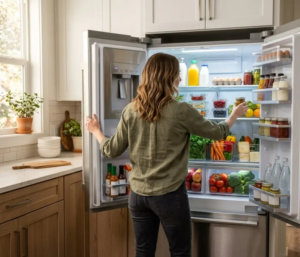 Person opening a refrigerator's french doors in a kitchen