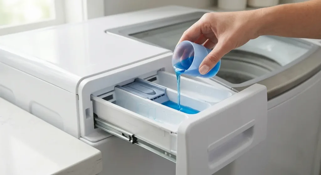 Pouring liquid detergent into the main wash cup of a washer dispenser.