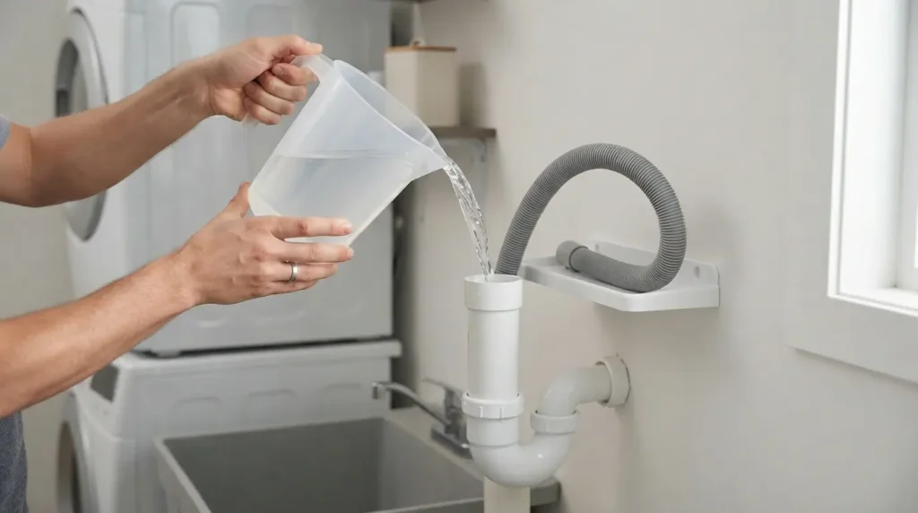 Water being poured from a jug into a washing machine standpipe to test the household drain