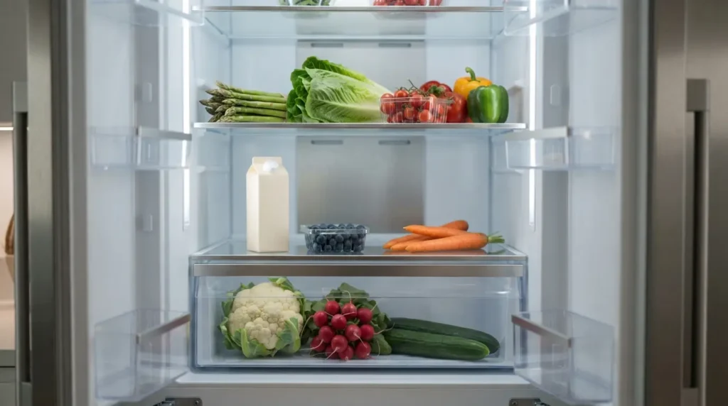 Open premium refrigerator interior with organized fresh food on glass shelves