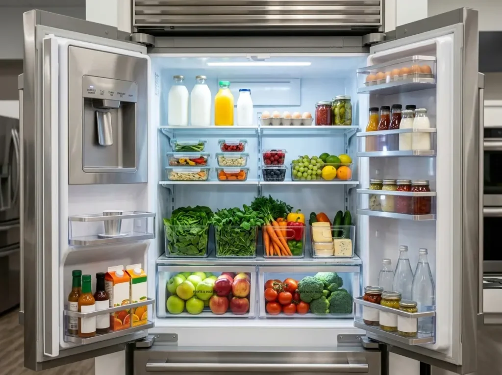Open refrigerator interior with shelves and water dispenser