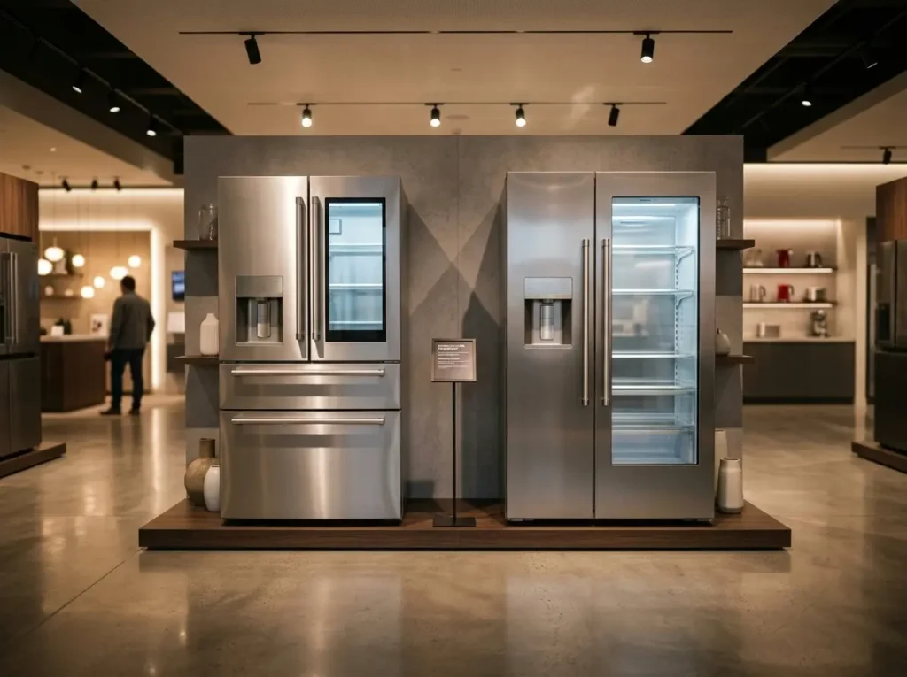Maytag vs. Whirlpool refrigerators displayed side by side in a showroom