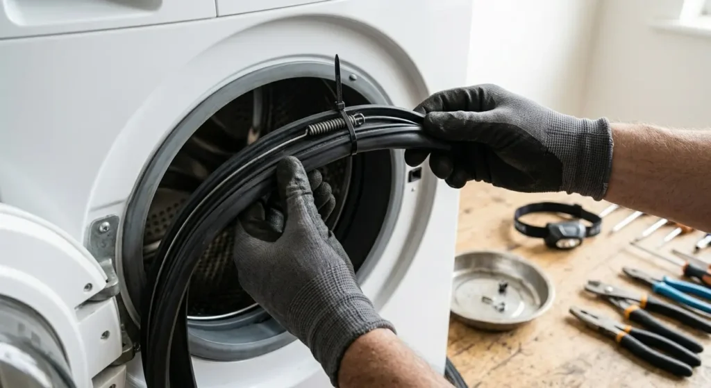 Installing a new washer door boot gasket with a zip tie holding the clamp spring in place