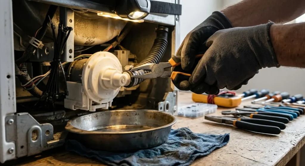 Gloved hands loosening the hose clamp on a washer drain pump during replacement