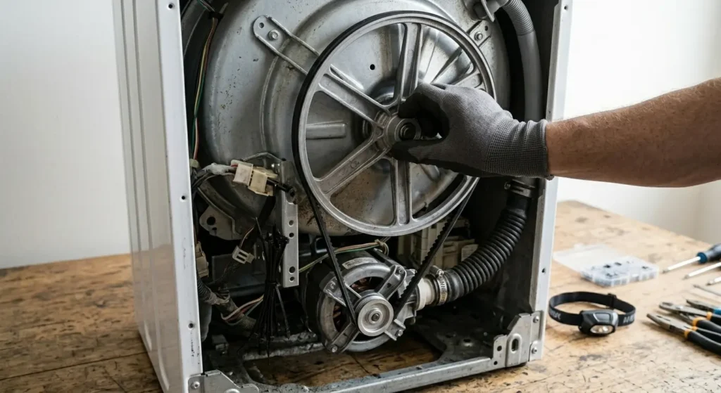 Gloved hand turning the drum to seat a new drive belt on the washer motor pulley