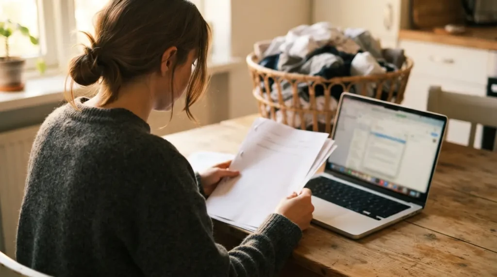 Person reviewing a paper document beside a laptop at a kitchen table