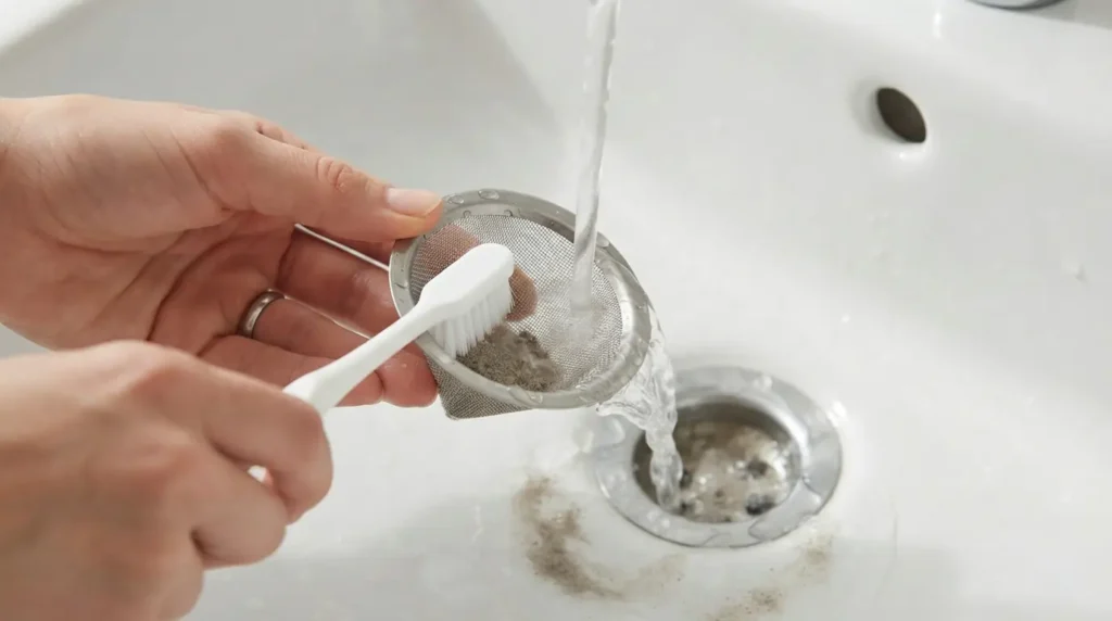 Small mesh washer inlet screen being scrubbed with an old toothbrush under running water