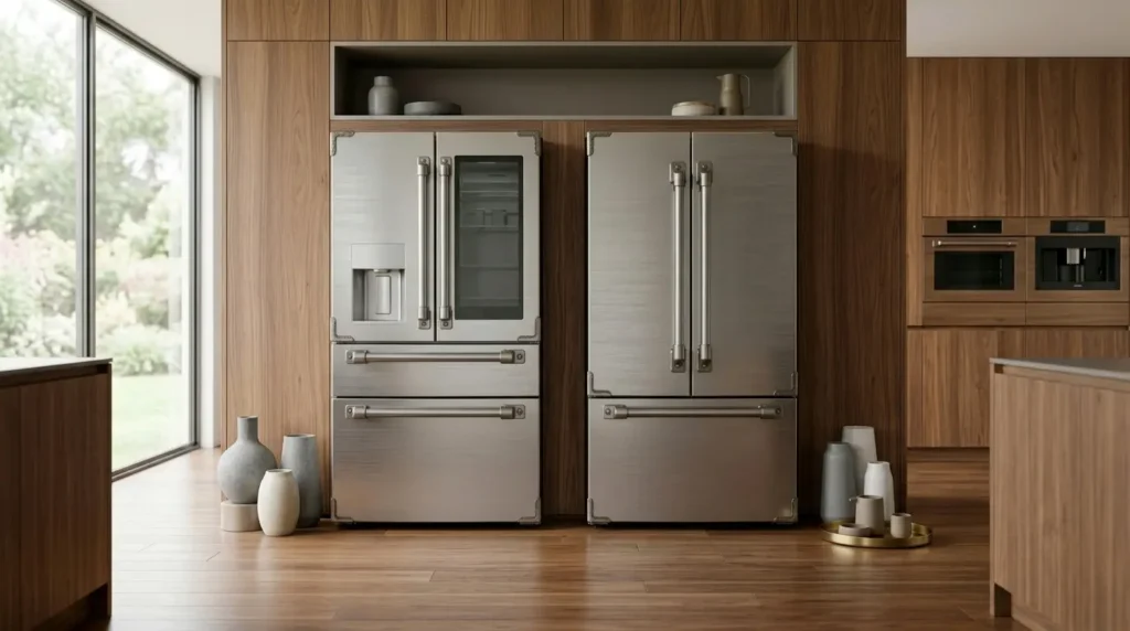 Refrigerator with a sleek streamlined stainless steel finish