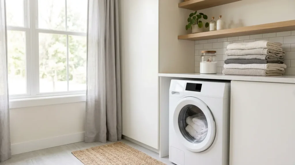 Small tidy laundry corner with a compact front-load washer and folded clothes on a counter