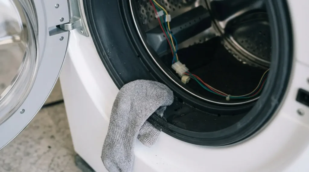 Sock corner pinched between the door and rubber gasket of a front-load washer