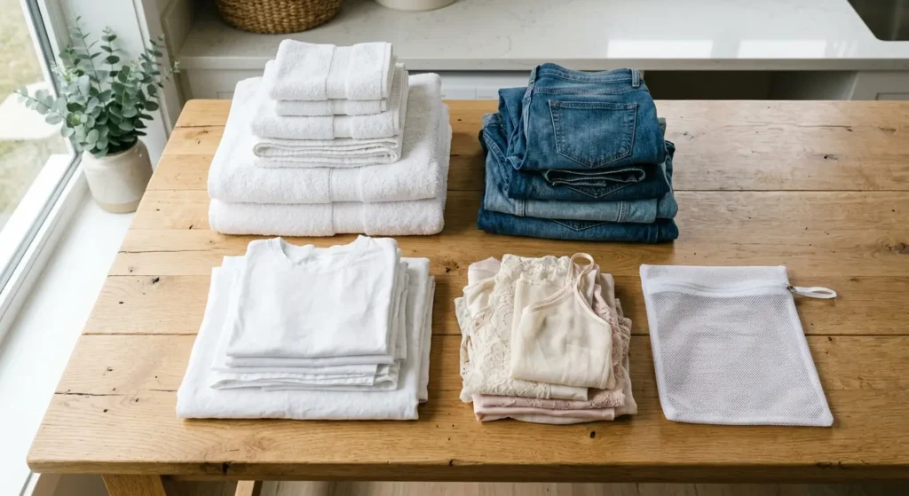 Laundry sorted into piles of towels, jeans, whites and delicates before choosing a wash cycle