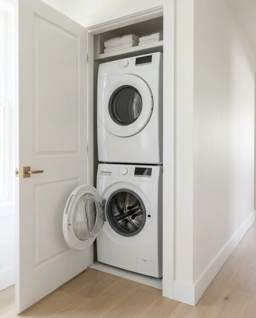 Stacked compact washer and dryer in a narrow closet with a left-hinged washer door open