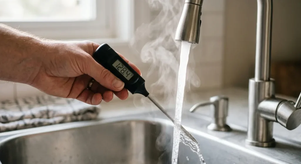 Digital thermometer measuring the hot tap water temperature that feeds a washing machine